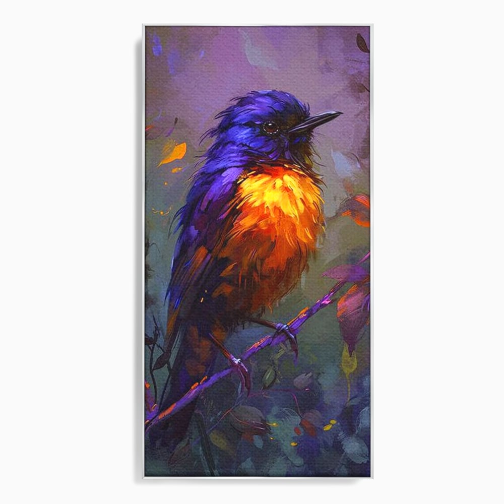 Tablou canvas cu tablou canvas cu pasare colorata pe ramura, in rama de aluminiu argintiu